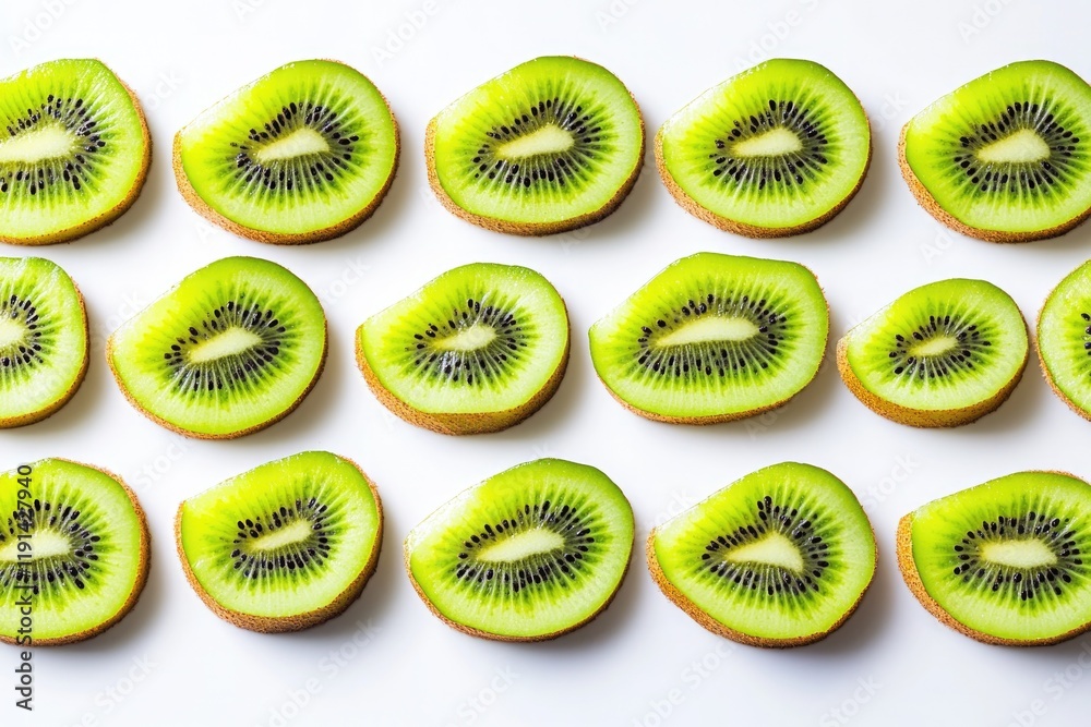 Fototapeta premium Bright green kiwi slices arranged neatly, showcasing vibrant tex