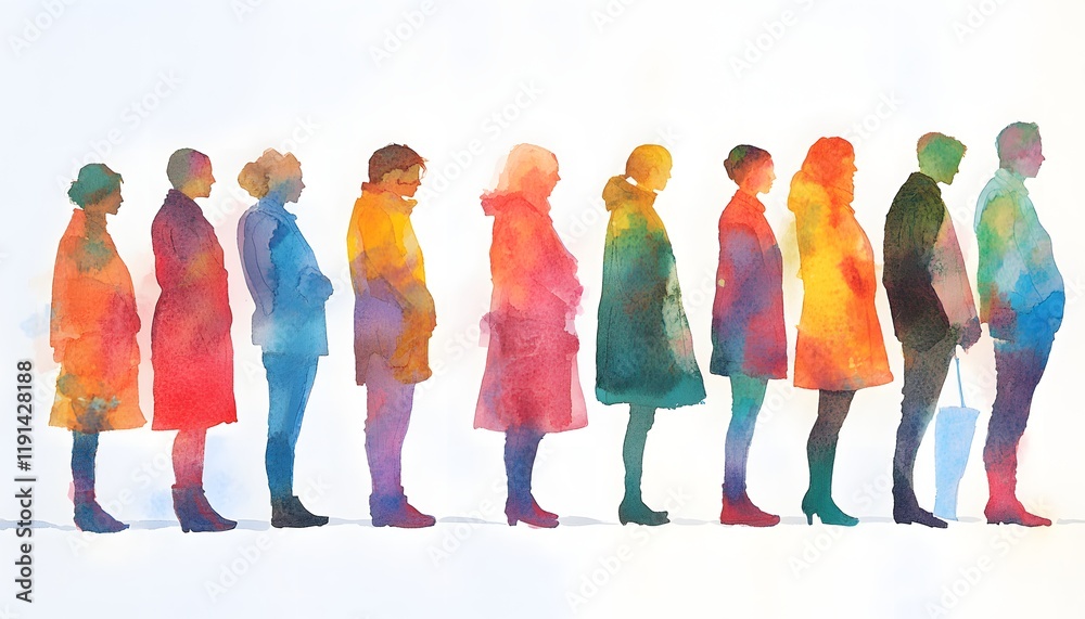 Obraz premium A vibrant watercolor illustration depicting a diverse group of people standing in line. The colorful figures represent various genders and styles, showcasing unity in diversity.