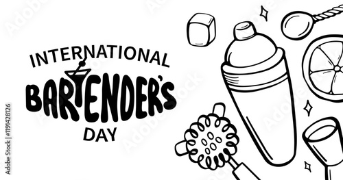 International Bartender day greeting banner. Set of elements bartender makes cocktail. Ice, shaker, stirring spoon, jigger, glass, citrus peel. Sketch style, crooked doodle. Vector illustration.