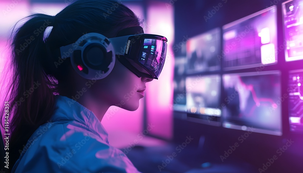A young woman engages with immersive technology using a virtual reality headset in a modern gaming environment, characterized by vibrant neon colors and multiple screens. A young woman engages with immersive technology using a virtual reality headset in a modern gaming environment, characterized by vibrant neon colors and multiple screens.