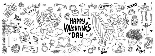 Happy Valentines day romantic doodle set. Line art for children coloring book. Cupid with heart and harp. Holiday gifts, flowers, chocolates. Hearts with wings. Vector outline illustration.