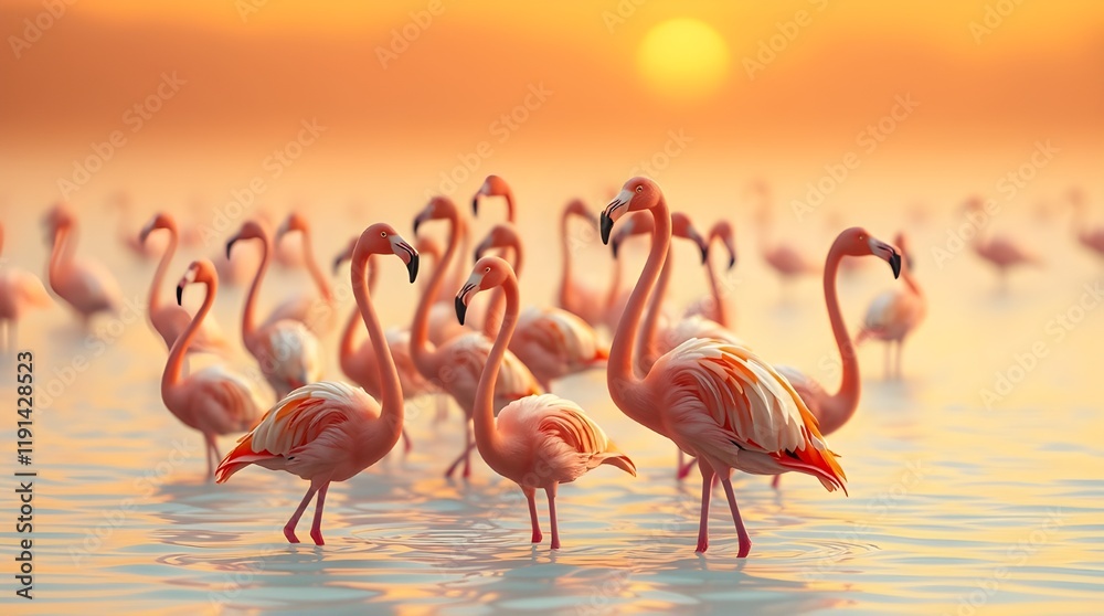 Obraz premium Gentle soft light, bold acrylic painting of flamingos in a shallow body of water at sunset. Flamingos in various poses, necks stretched or bent. Light blue water, hazy orange and yellow background. L