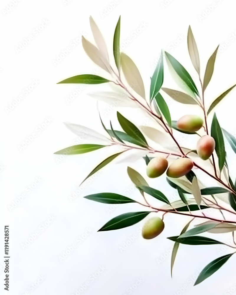 Olive branch with green olives against white background; perfect for food, health, or beauty product packaging Olive branch with green olives against white background; perfect for food, health, or beauty product packaging