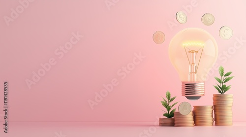 Trees Growing on Coin Stacks with Renewable Energy Icons and Earth-Filled Light Bulb