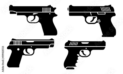 Pistol Gun Icon Vector silhouette Illustration,Isolated silhouettes of guns set