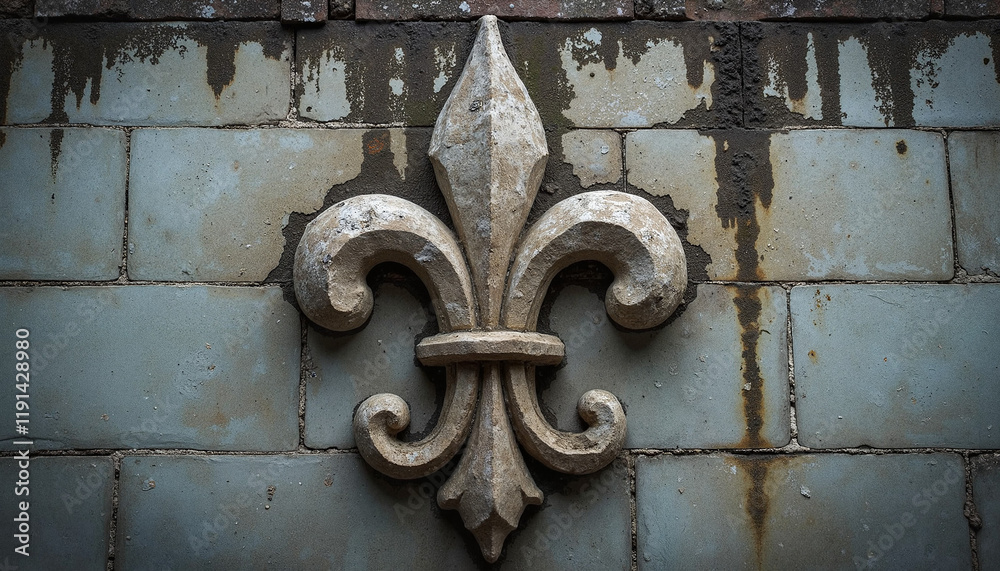 Fleur-de-lis ornament on weathered tiled wall Fleur-de-lis ornament on weathered tiled wall