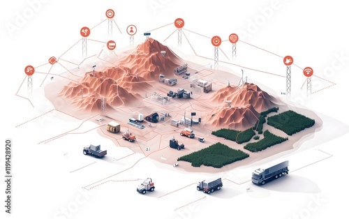 An isometric illustration depicting a networked infrastructure in a rugged terrain, showcasing vehicles, mountains, and communication nodes, symbolizing advanced logistics and conn photo