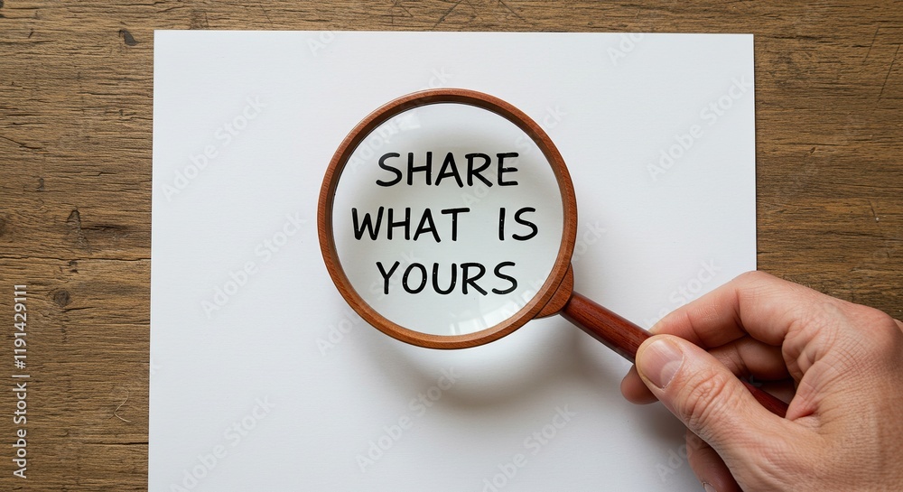 Hand with Magnifying Glass Highlighting 'Share What Is Yours' on Wooden Surface - Inspirational Concept for Collaboration and Sharing. Hand with Magnifying Glass Highlighting 'Share What Is Yours' on Wooden Surface - Inspirational Concept for Collaboration and Sharing.