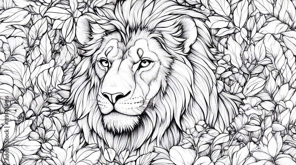 © Kateryna Kordubailo - A stunning lion amidst the forest, coloring sheet. © Kateryna Kordubailo - A stunning lion amidst the forest, coloring sheet.