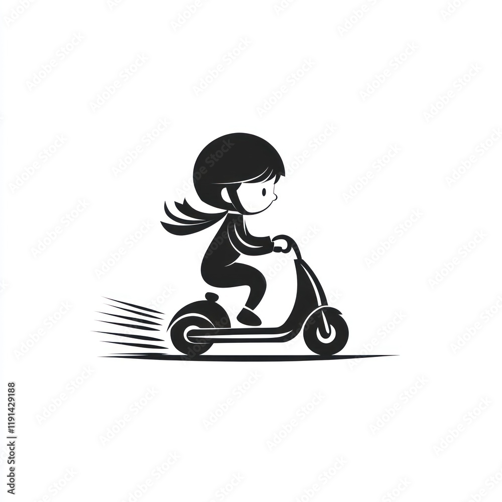 Girl rides scooter, fast, outdoors, clear background, children's book Girl rides scooter, fast, outdoors, clear background, children's book