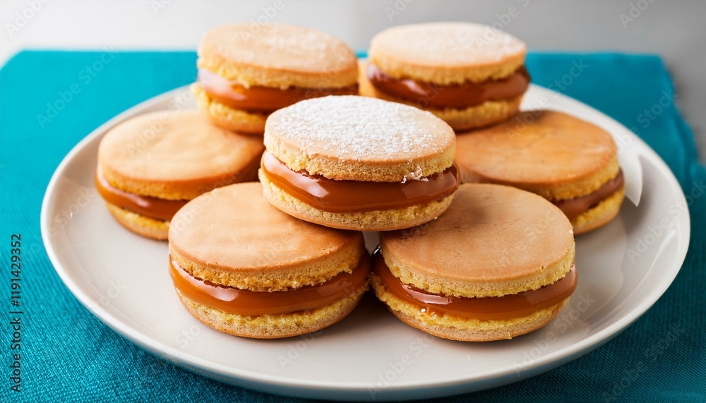 Generated image Alfajores with caramel filling on a white porcelain plate
