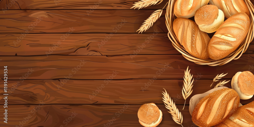 illustration, horizontal banner for a bakery, assortment of bread and rolls in a wicker basket, ears of wheat, brown wooden background, copy space, free space for text