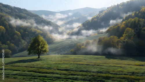 paesaggio di una valle verde con un singolo albero solitario in mezzo alla campagna, Landscape of a green valley with a single lonely tree in the middle of the countryside