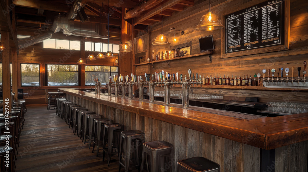 A rustic pub interior with a polished wooden bar, dim lighting, and rows of glassware and beer taps. A rustic pub interior with a polished wooden bar, dim lighting, and rows of glassware and beer taps.