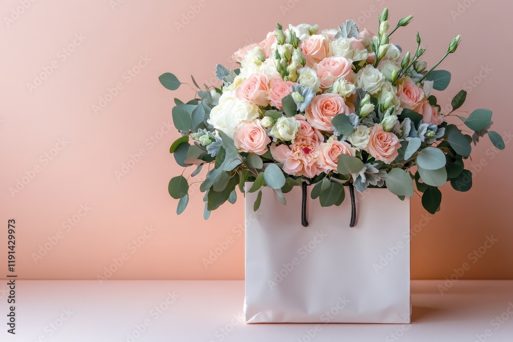 Fototapeta premium Elegant bouquet in gift bag showcases soft pastel colors and lus