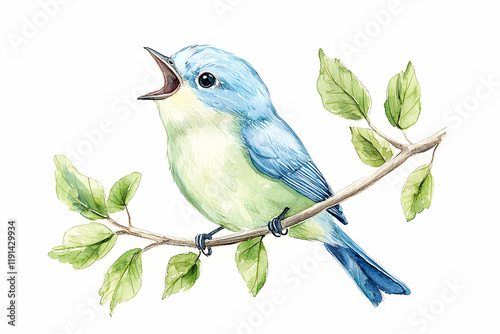 Vibrant Blue Bird Singing on Branch with Green Leaves in Watercolor Style