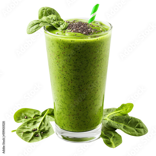 Fresh Green Smoothie with Spinach and Chia Seeds on Transparent Background