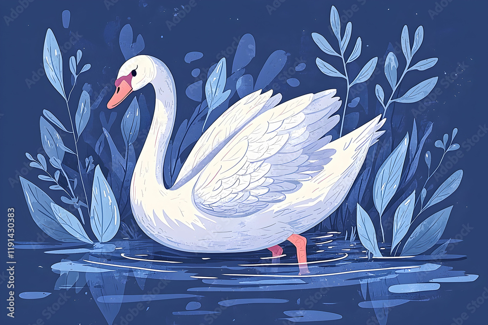 Naklejka premium Elegant Swan in Tranquil Water Surrounded by Lush Greenery