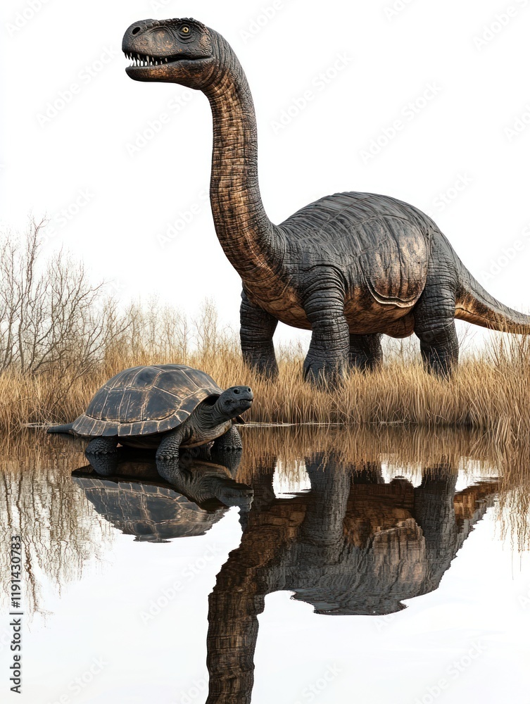 Obraz premium Prehistoric reptile and turtle by calm water; nature scene