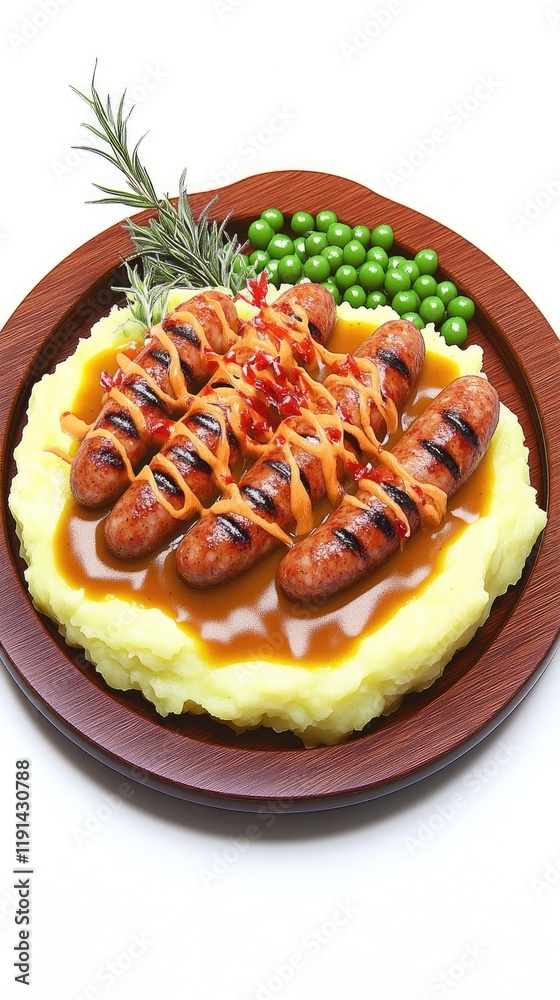 Grilled Sausages on Mashed Potatoes with Peas and Garnish - A Culinary Presentation for Recipe Inspiration Grilled Sausages on Mashed Potatoes with Peas and Garnish - A Culinary Presentation for Recipe Inspiration
