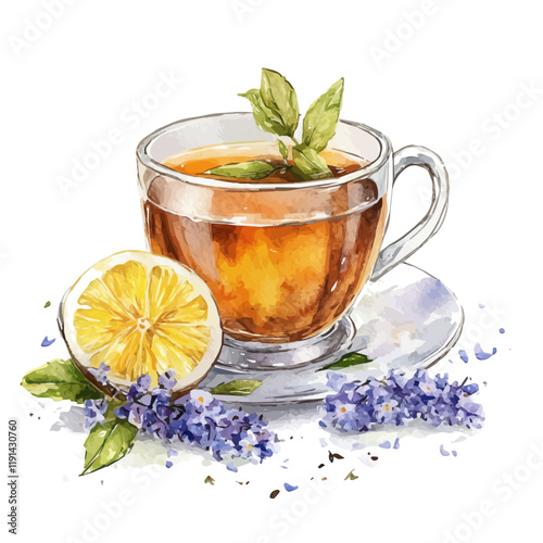 A watercolor drawing of Earl Grey tea, isolated on a white background. Earl Grey Tea vector.
