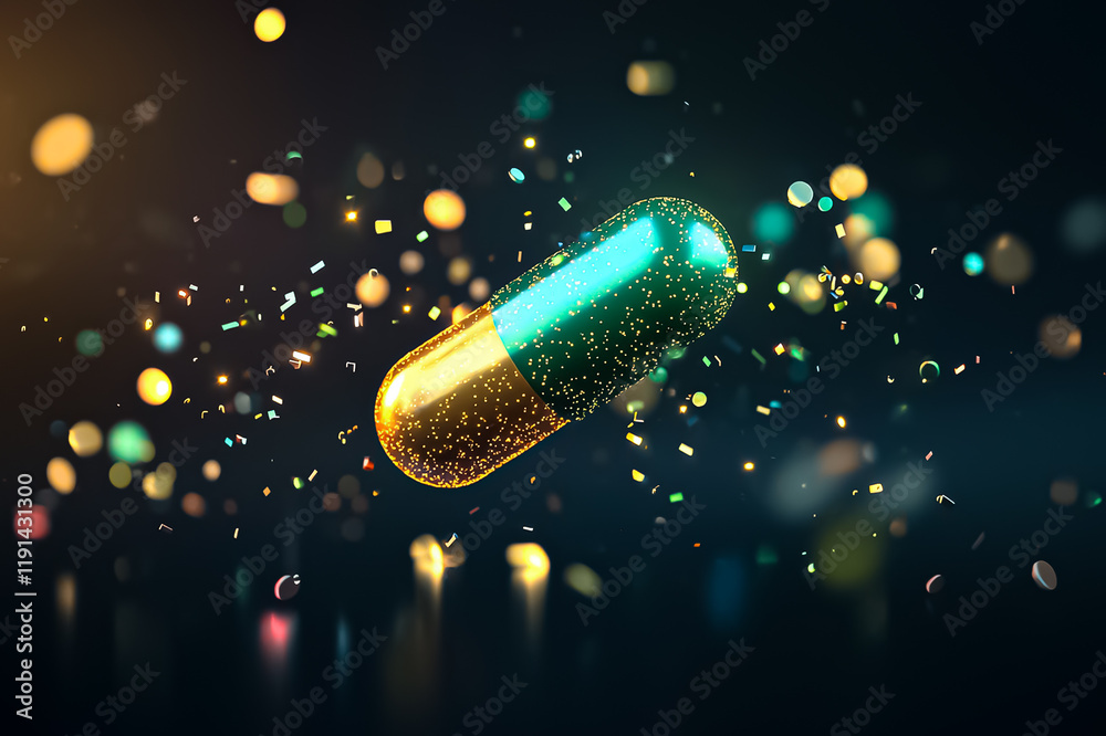 A glowing capsule floating in a magical, glittering atmosphere, surrounded by vibrant bokeh lights and sparkling particles, evoking innovation, science, and futuristic medicine in high definition.
A glowing capsule floating in a magical, glittering atmosphere, surrounded by vibrant bokeh lights and sparkling particles, evoking innovation, science, and futuristic medicine in high definition.