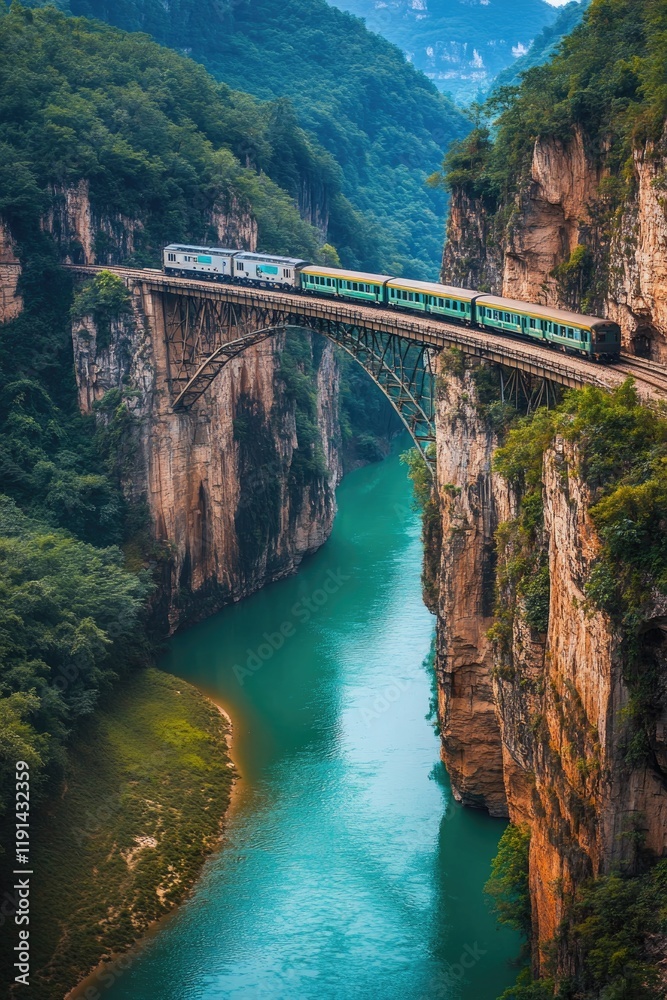 Majestic train traversing stunning bridge above vibrant river ca Majestic train traversing stunning bridge above vibrant river ca
