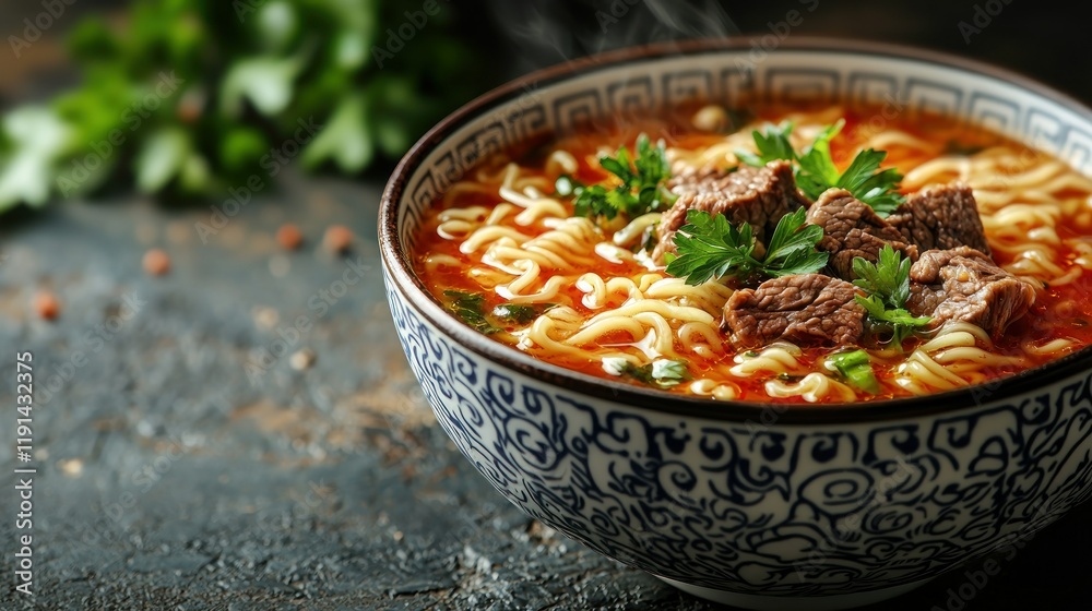 Spicy Beef Noodle Soup in a Decorative Bowl