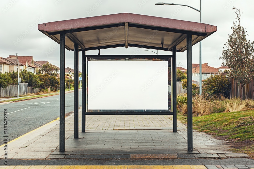 Naklejka premium Empty bus stop featuring blank advertisement space under cloudy