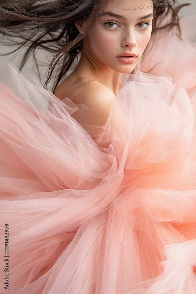 Soft, flowing tulle envelops graceful figure, creating dreamlike