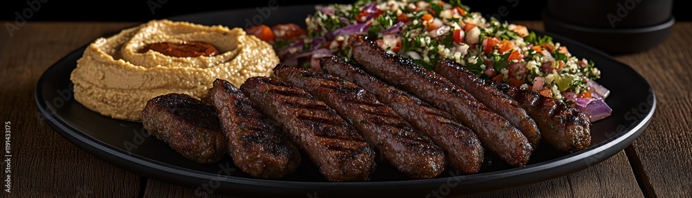 Grilled Meat Platter with Hummus and Salad on a Wooden Table Grilled Meat Platter with Hummus and Salad on a Wooden Table