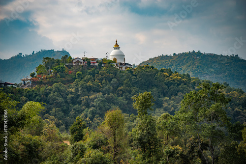 Buddhist Peace Pagoda in Pokhara. Nepal. photo