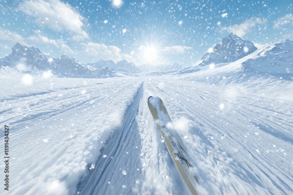 Skiing Adventure Through Stunning Snowy Mountain Landscape in Winter Wonderland. Skiing Adventure Through Stunning Snowy Mountain Landscape in Winter Wonderland.