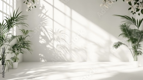 Sunlit minimalist room  plants  shadows  white walls  interior design