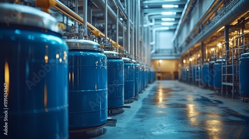 A chemical factory featuring an elastomer and thermoplastic production line, equipped with vats for monomer preparation, polymerization, and a steel pipeline system for delivering components