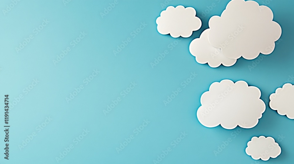 Paper Clouds on Blue: A collection of fluffy white paper clouds arranged on a pastel blue background, creating a light, airy, and whimsical scene. Paper Clouds on Blue: A collection of fluffy white paper clouds arranged on a pastel blue background, creating a light, airy, and whimsical scene.