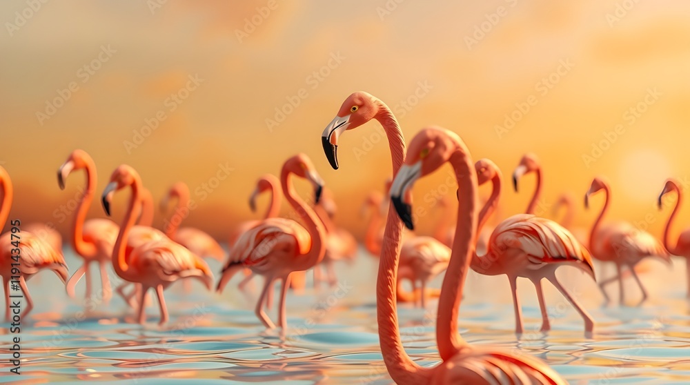 Obraz premium Candid street photography Flamingos in shallow, light blue water against a hazy orange and yellow sunset. Various flamingo poses, sharp focus on foreground birds, blurred background. 