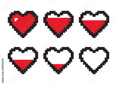 Pixel game life bar isolated on white background. Vector art 8 bit health heart bar in a video game.