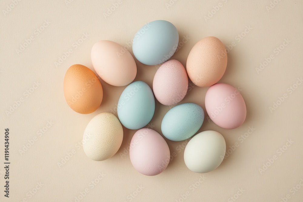 Soft pastel-colored eggs arranged harmoniously on neutral backgr Soft pastel-colored eggs arranged harmoniously on neutral backgr