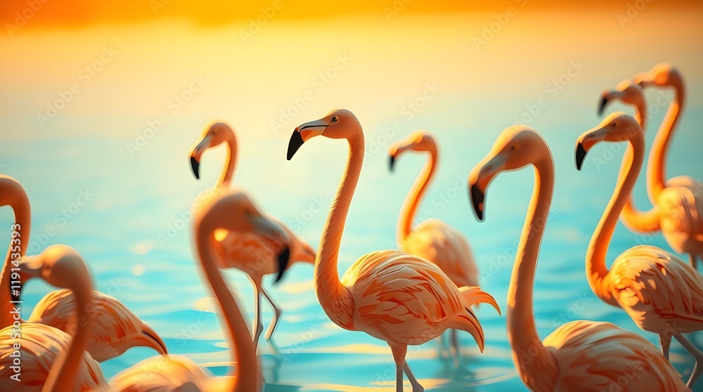 Obraz premium A low-angle, close-up shot of a flock of flamingos in shallow, light blue water at sunset. The flamingos are in sharp focus, with blurred flamingos in the background. 