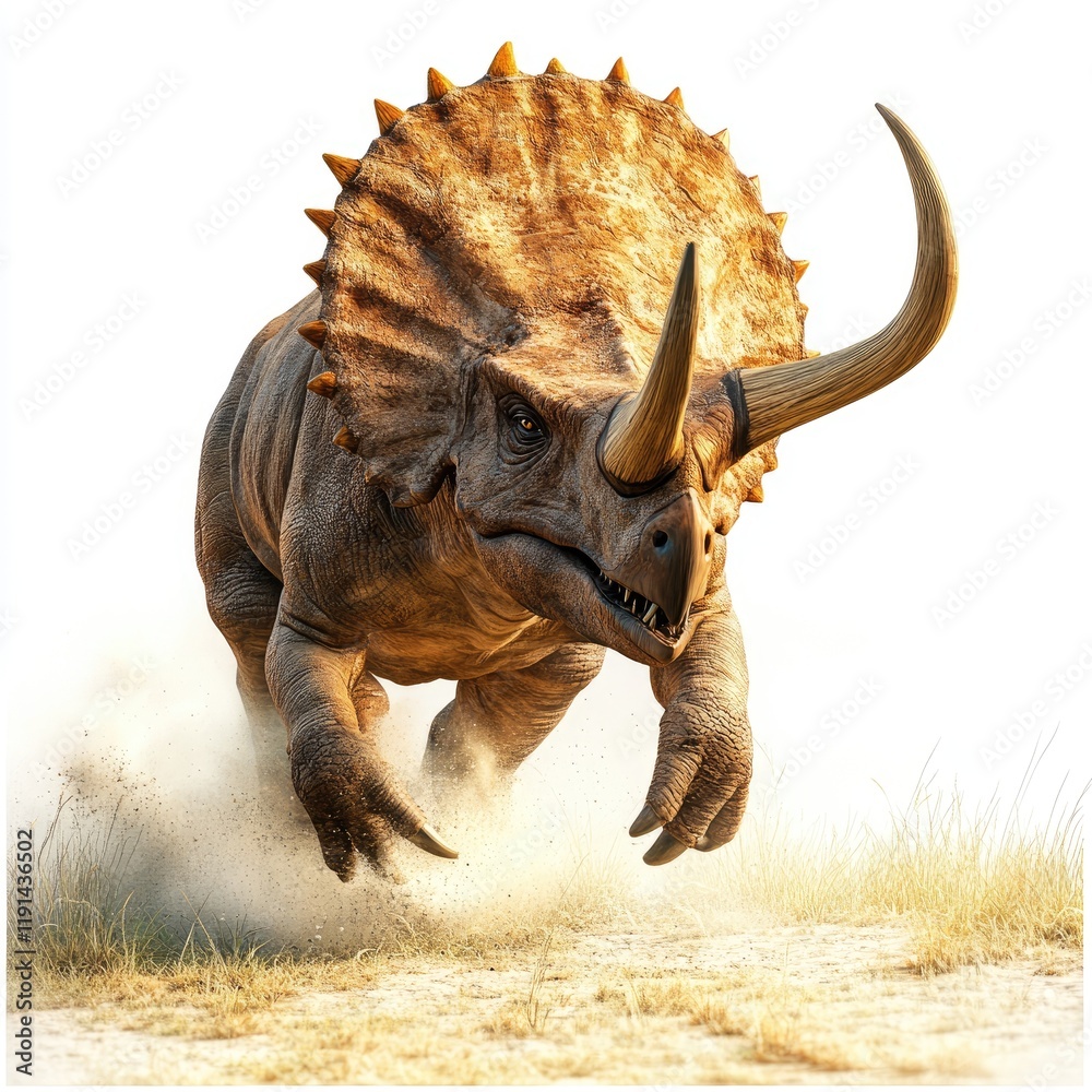 Fototapeta premium Charging Triceratops Dinosaur, Prehistoric Plains, Dust, Paleontological Illustration