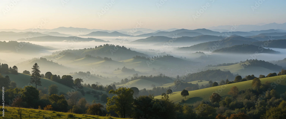 Fototapeta premium Early morning fog is slowly rising. Creating a breathtaking view of the valley nestled between rolling hills covered in lush green vegetation and coniferous forests. Illuminated by the soft sunlight.