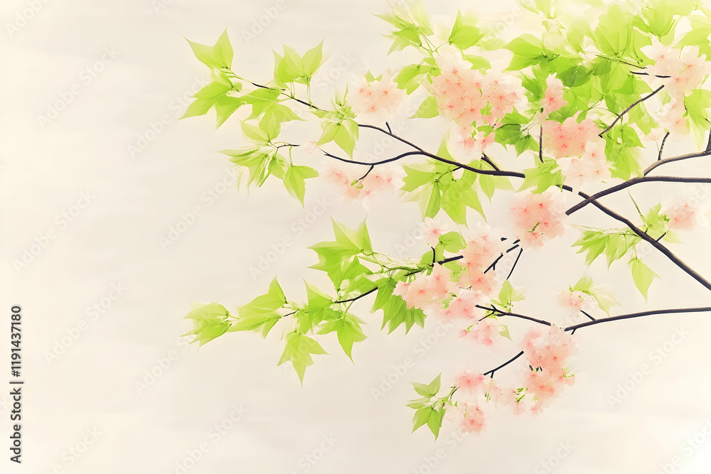 Spring blossoms branch, delicate pink flowers, green leaves, soft light background, nature serenity, ideal for greeting cards Spring blossoms branch, delicate pink flowers, green leaves, soft light background, nature serenity, ideal for greeting cards