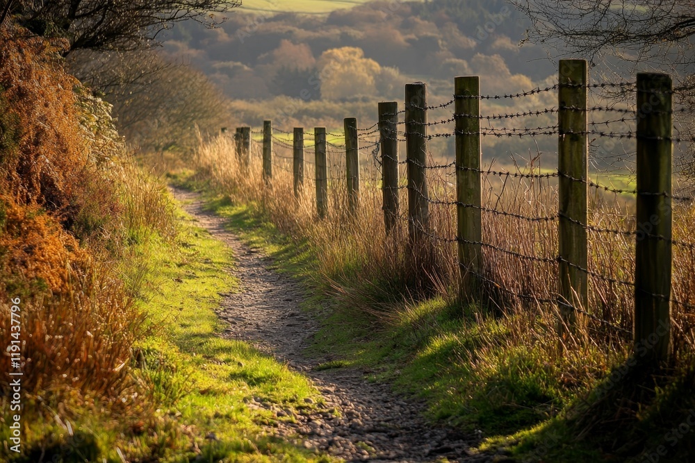 Obraz premium Rural path, barbed wire fence, grassy hillside.