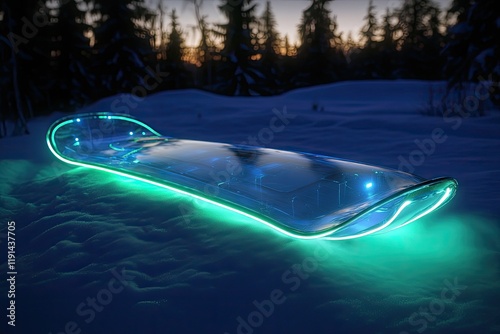 Glowing snowboard resting on snow, surrounded by tall trees at d photo