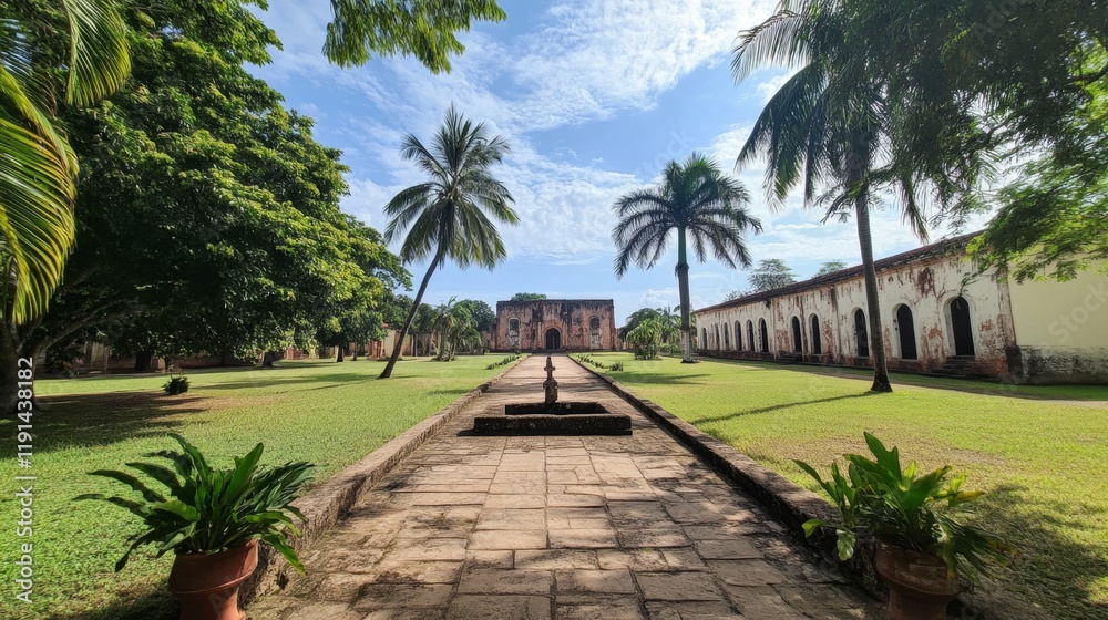 Historic Colonial Courtyard with Lush Greenery Historic Colonial Courtyard with Lush Greenery