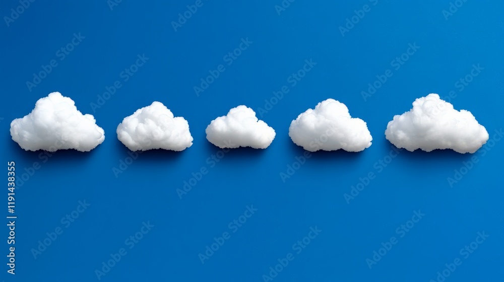 Cloud Formation: A series of five fluffy white clouds arranged in a perfect line against a vibrant blue backdrop, evoking a sense of calm and serenity. Minimalist and abstract.