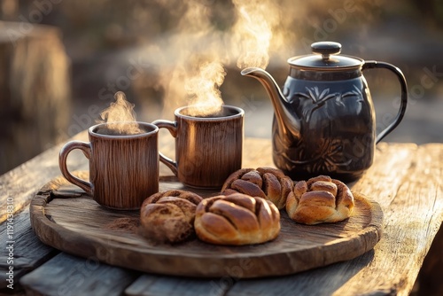 Warm steaming mugs beside vintage teapot and freshly baked pastr photo