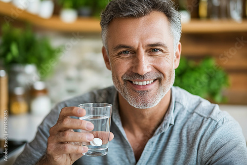   middle-aged man taking pills photo