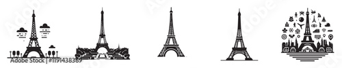 vector set of eiffel tower silhouette icons